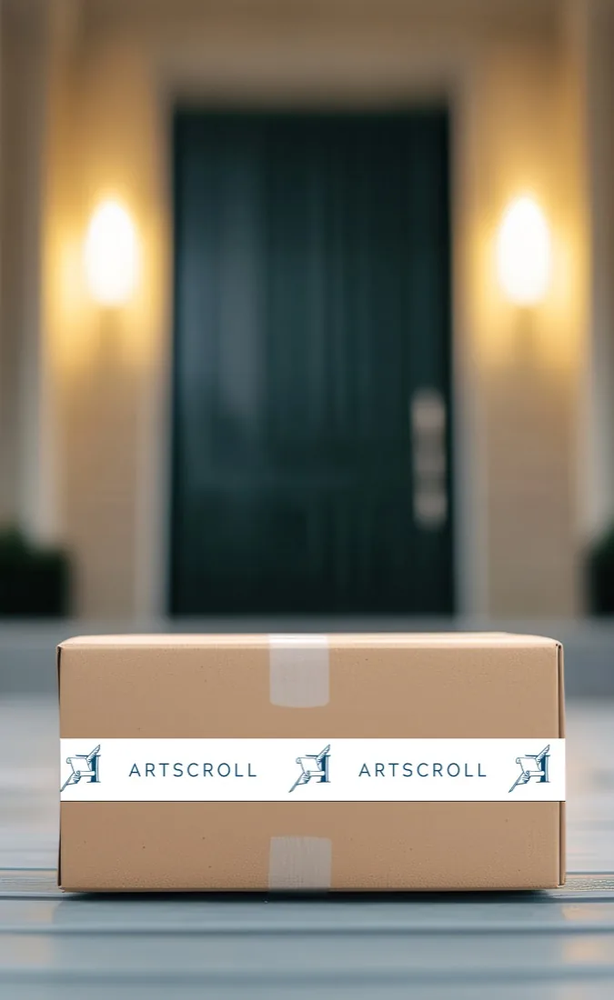 An ArtScroll shipping box waiting on a doorstep.